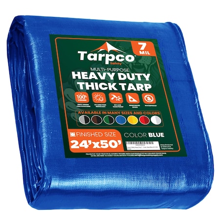 Tarpco Safety Heavy Duty Tarp, 50 ft L x 0.5 mm H x 24 ft W, 7 Mil, Blue, Polyethylene TS-205-24X50